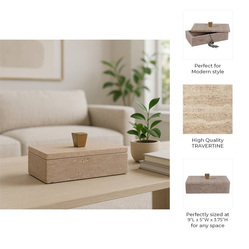 Decorative Travertine Box with Gold Knob and Removable Lib - 9", Tan - 9.0"