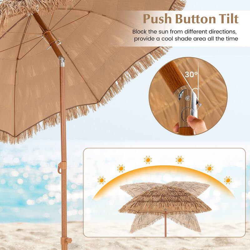 Gymax 6.5 FT Thatched Tiki Umbrella w/ Foldable Stand Hawaiian Style