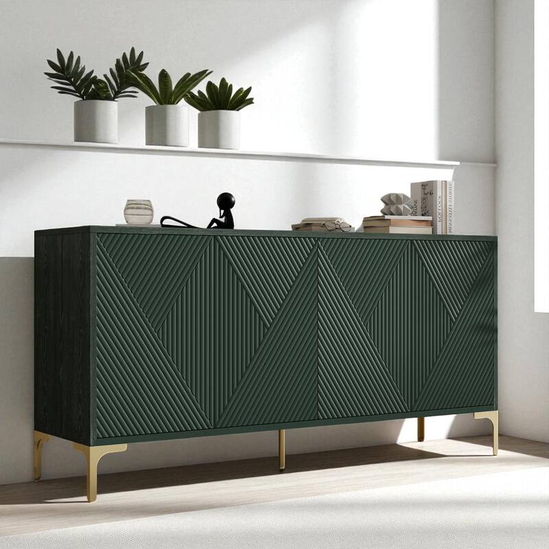 Modern 4-Door Wood Sideboard with Carved Panels, Push-to-Open Doors, Adjustable Shelves and Metal Legs