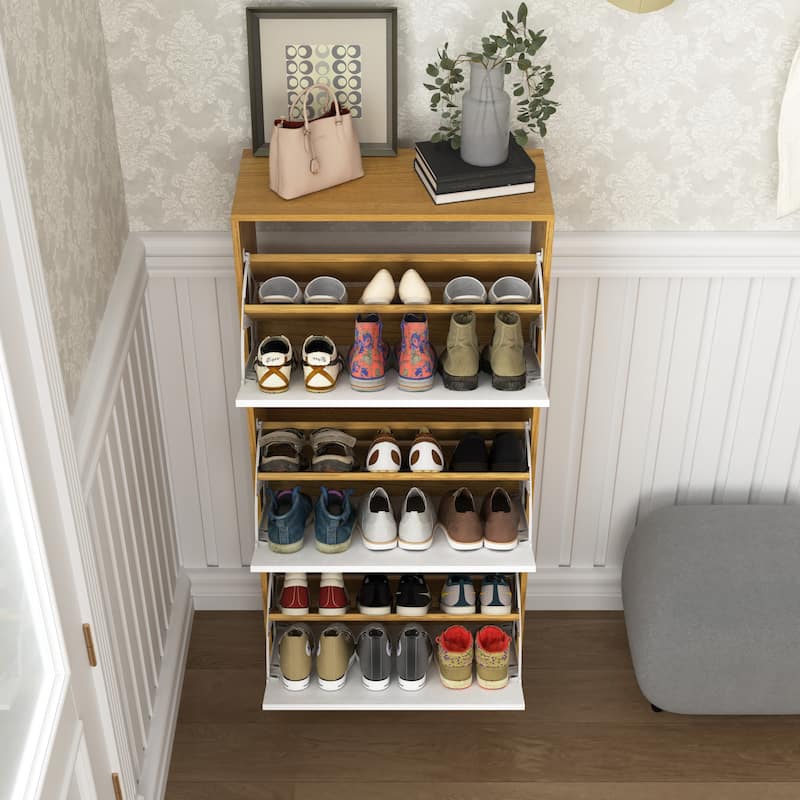 Shoe Storage Cabinet with 3 White Panel Flip Drawers, Freestanding Organizer for Entryway