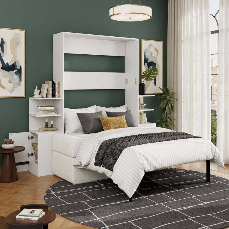 Queen Murphy Wall Bed with Sofa and Storage Towers by Harper&Bright Designs - White&Cream