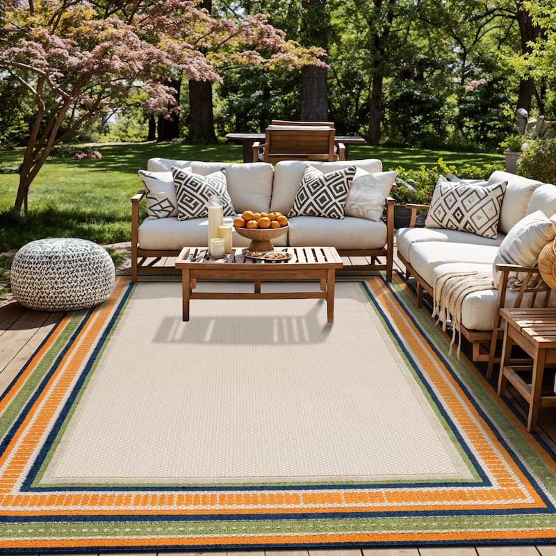 World Rug Gallery Indoor/Outdoor High-Low Textured Area Rug, Coastal Border Easy-Clean Patio Rug - 7'10" x 10' - Multi