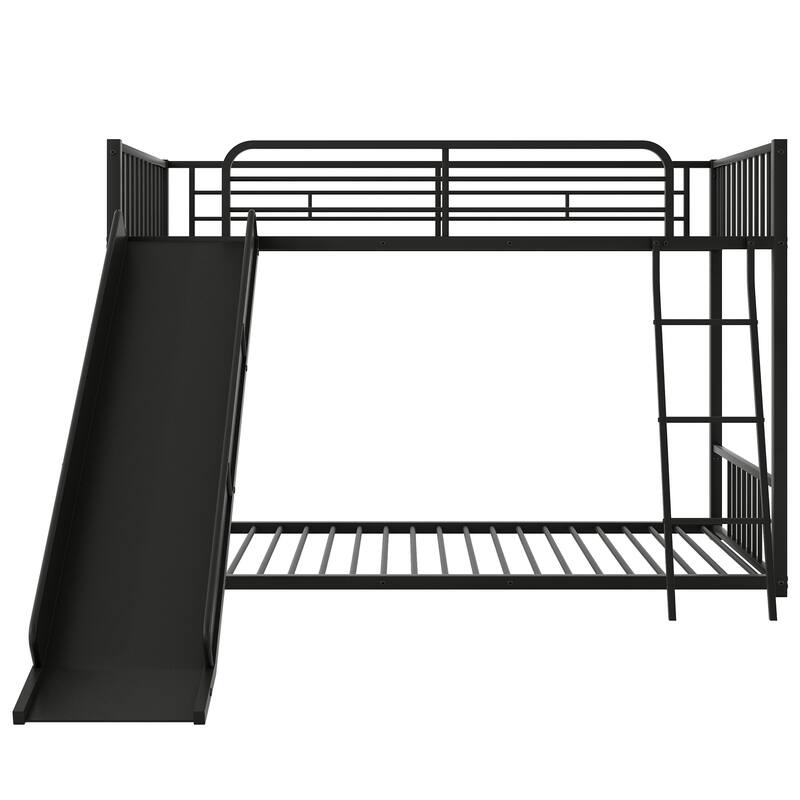 Twin Over Twin Metal Bunk Bed with Slide, Black - Space-Saving Kids Bed with Safety Railings