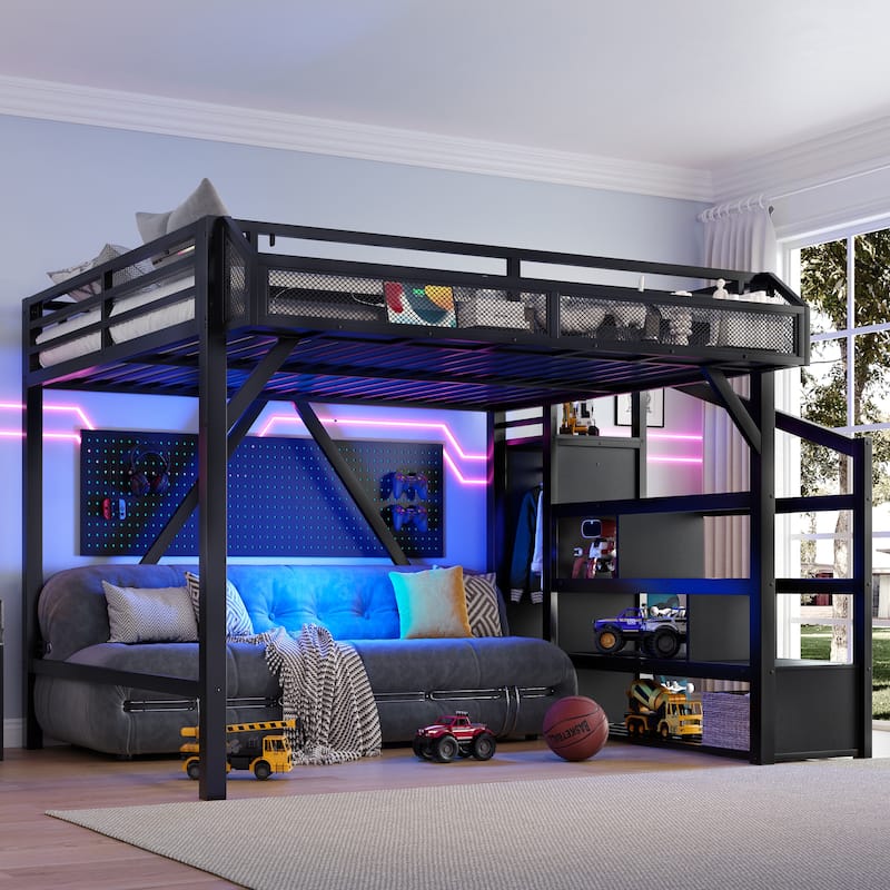 Queen Loft Bed with Storage Stairs, Shelves and Built-in Wardrobe, Metal Loft Bed Frame with USB Ports and LED Lights