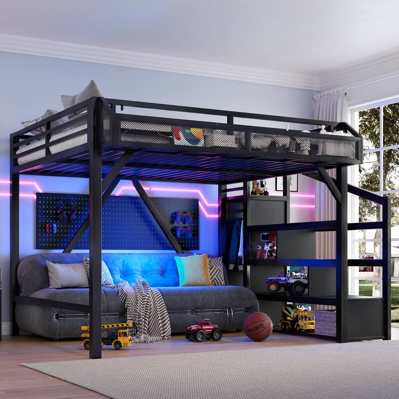 Storage Stairs Loft Bed Queen Size Metal Bed Frame with Built-in Wardrobe, Shelves, Light Strip and Charging Station
