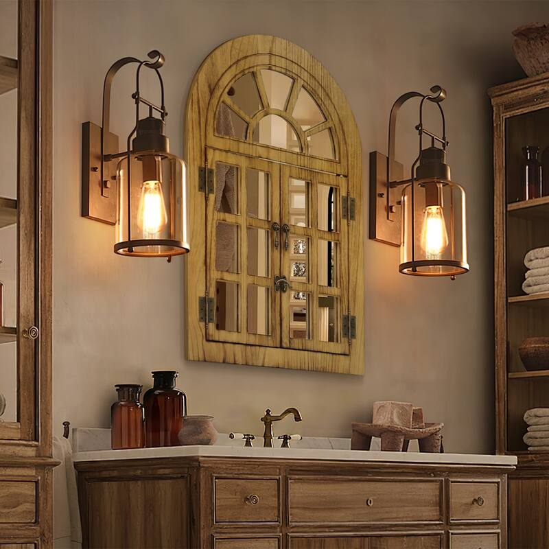 Arched Wood Framed Windowpane Accent Mirror Wall Mirror