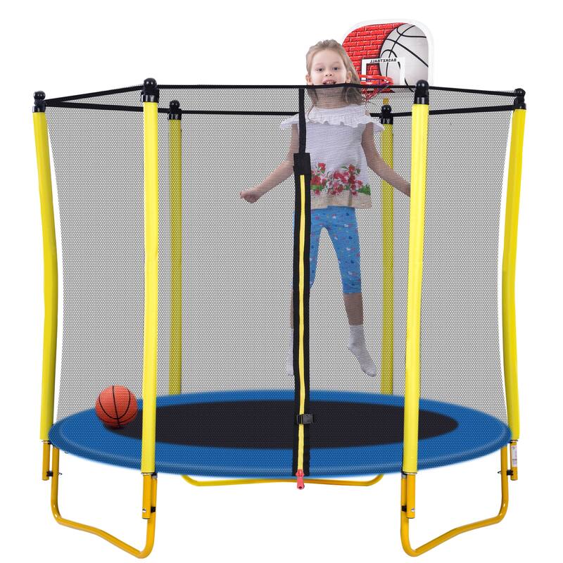 Trampoline Outdoor & Indoor Mini Toddler Trampoline with Enclosure, Basketball Hoop and Ball Included