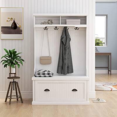 Hall Tree Shoe Bench Coat Rack with 4 Double Hooks and Bottom Storage Adjustable Shoe Cabinet Shelves, White