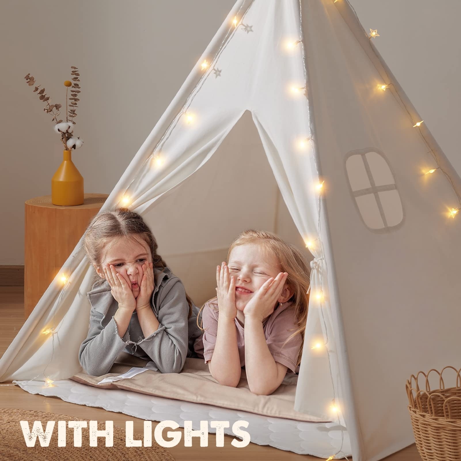 Large Kids Teepee Tent with Padded Mat Light String Carry Case