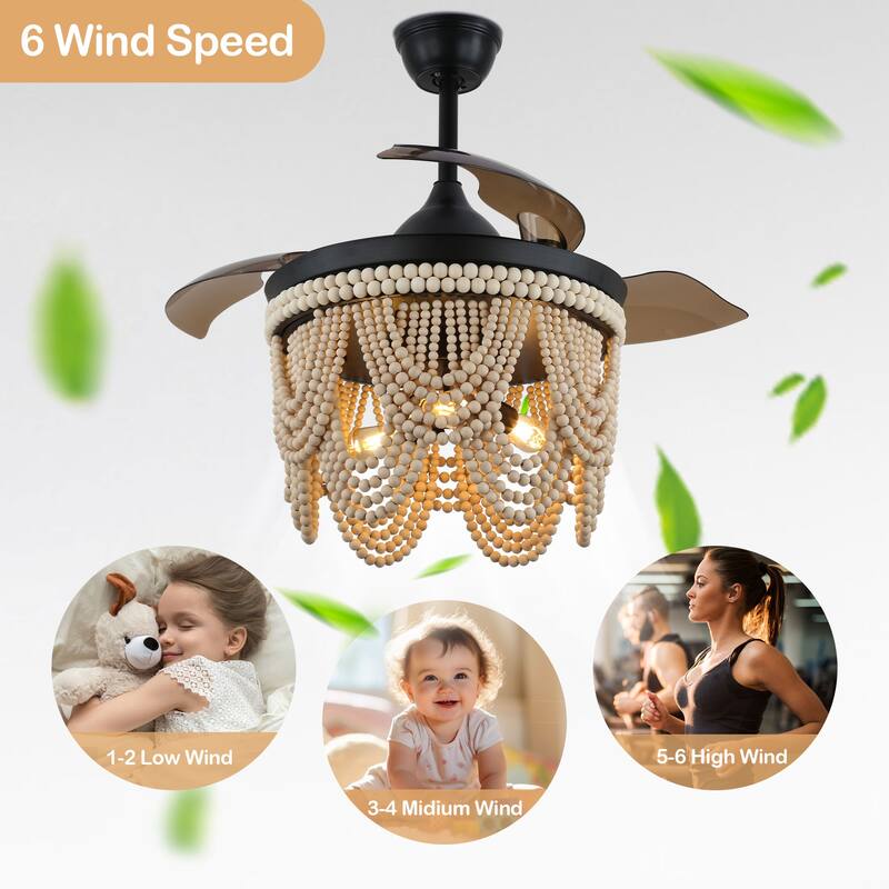 Cusp Barn 42" Retractable Ceiling Fan with Light, Farmhouse Wooden Bead Chandelier, Quiet DC Motor 6 Speeds Bohemian Ceiling Fan