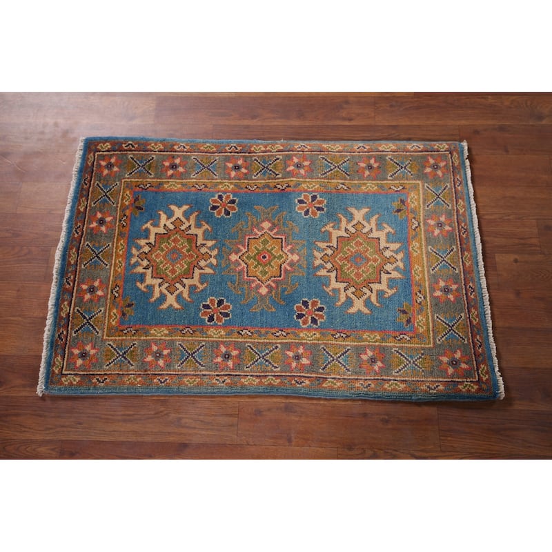 Blue Geometric Kazak Foyer Rug Hand-Knotted Oriental Wool Carpet - 2'0" x 3'1"