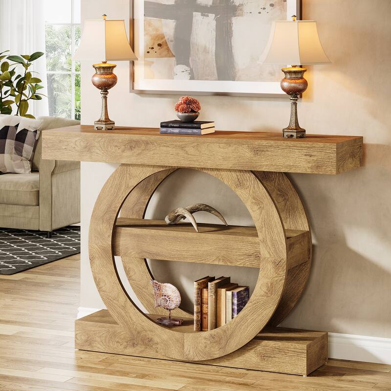 Industrial Brown 3-Tier Wood Console Table Sofa Tables for Entryway