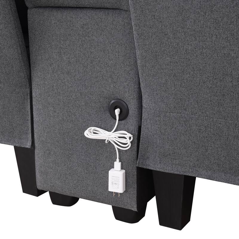 Linen Straight Row Sectional Sofa w4 Pillows, Console, Wired or Wirelessly Charged, Side Pockets, 2 Cupholders and 2 USB Ports