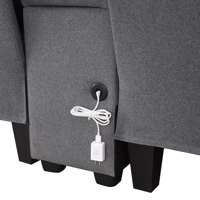 Modern 4-Seat Sofa with Console, Wireless Charging, 2 Cupholders, and 4 Pillows, Upholstered in Linen Fabric