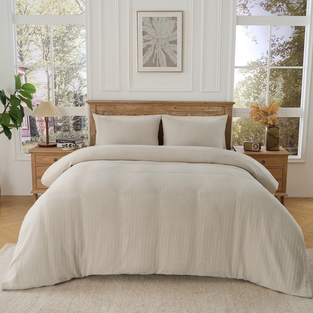 Wholinens Stone Washed Linen Cotton Blend Duvet Cover Set, Herringbone Design