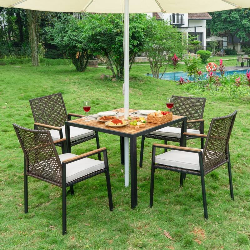 Outdoor All Weather Acacia Wood 5-piece Conversation Dining Set with Umbrella Hole