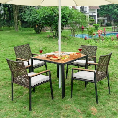 Outdoor All Weather Acacia Wood 5-piece Conversation Dining Set with Umbrella Hole