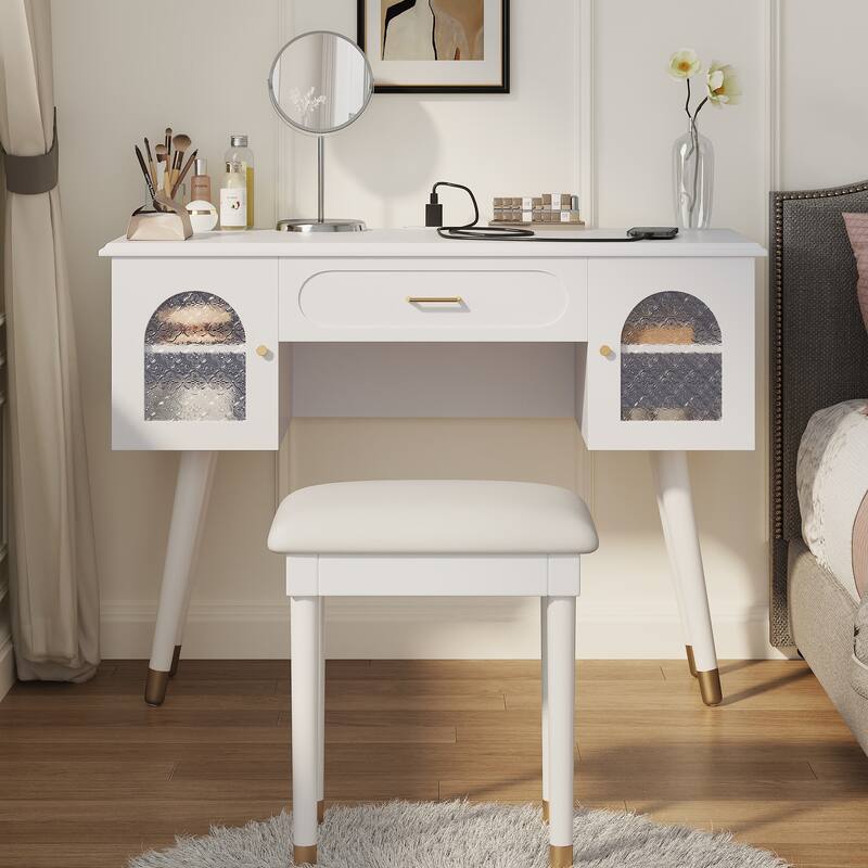 Vanity Makeup Table and Chair Set, Built-in Power Charging Station Dressing Table Writing Desk with Storage Organizer