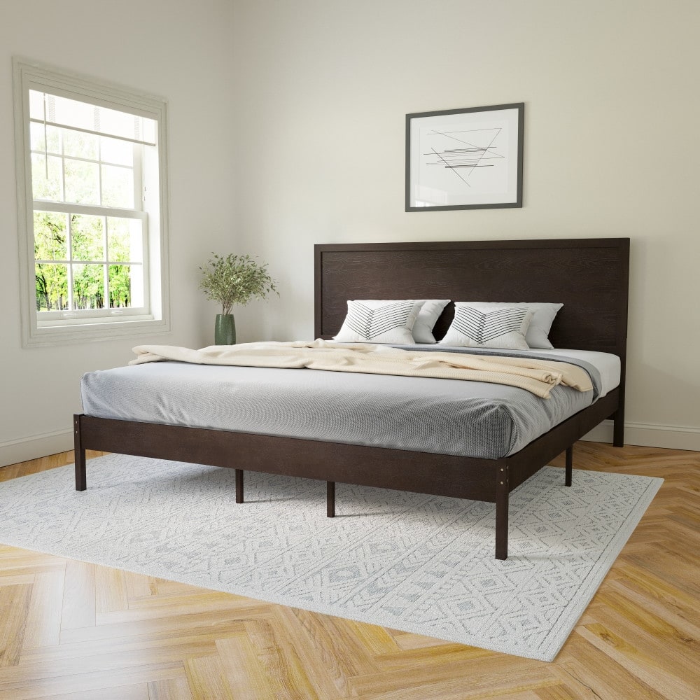 Solid Wood Platform Bed with Headboard and Wooden Slats