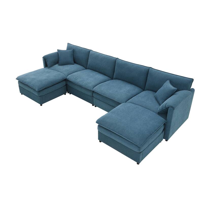 134" Chenille U-Shaped Sectional Sofa with Double Cushions, 2 Ottomans and Pocket Spring Support