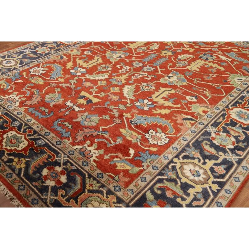 Hand Knotted Oriental 100% Wool Carpet Traditional All-Over Oranges & Rust Heriz (serapi) Area Rug - 9' 9'' X 8' 0''