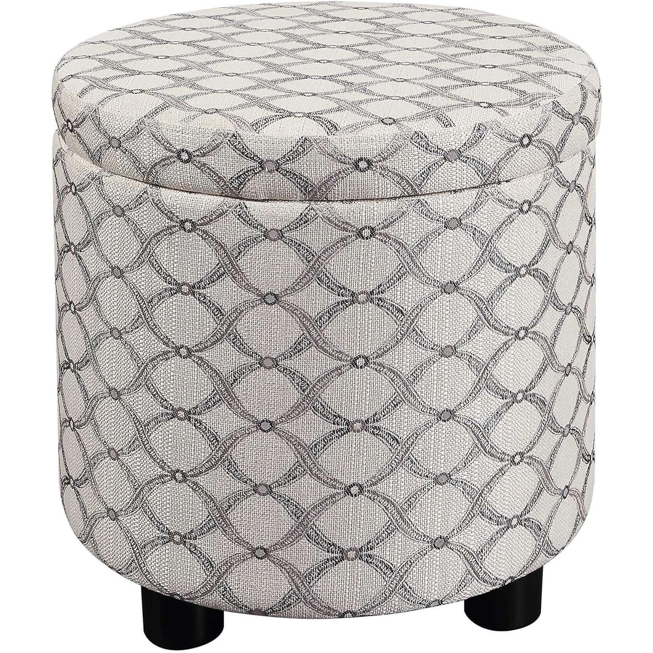 Modern Round Storage Ottoman with Tray Lid, Upholstered Foot Stool for Living Room, Ribbon Pattern Fabric