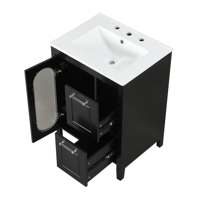 24" Black Bathroom Vanity with Sink - Solid Wood & MDF, Moru Glass Door, 2 Drawers, Adjustable Shelf