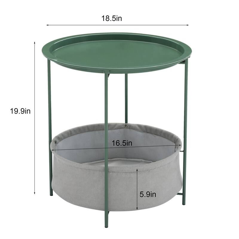 VECELO Small Round Side Table with Removable Tray & Fabric Storage Bin Easy 5-Min Assembly for Living Room Bedroom