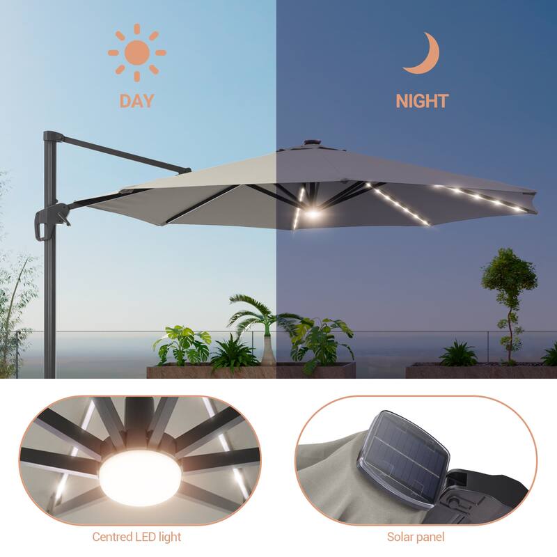 BONOSUKI 11FT LED Cantilever Patio Umbrella Angle Adjustment w/Cross Base