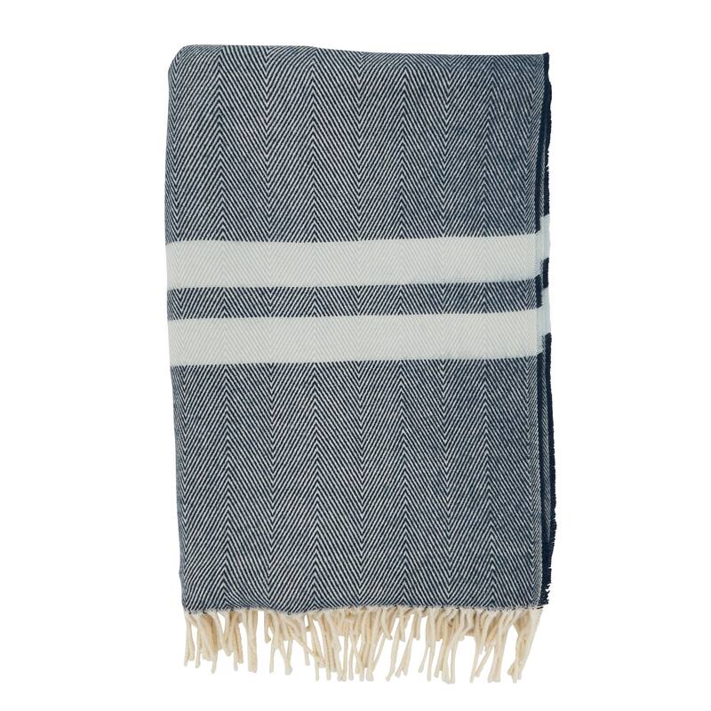 Trendy Stripe and Herringbone Fringed Throw - 50"x60" - Navy Blue/50"x60"