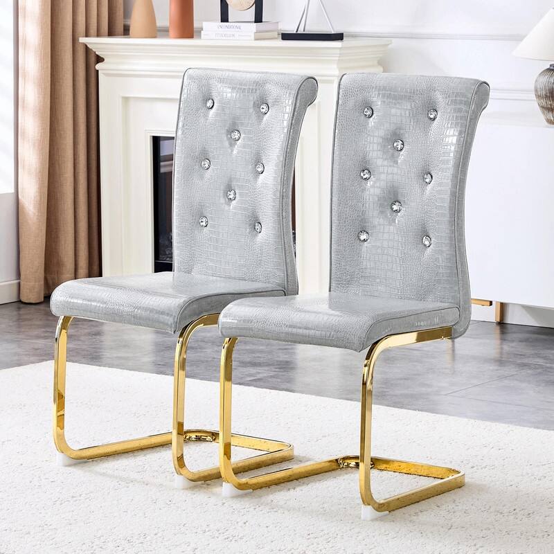 Set of 2 Retro Alligator Skin Upholstered Dining Chairs with Crystal Buckle Design & Faux Leather