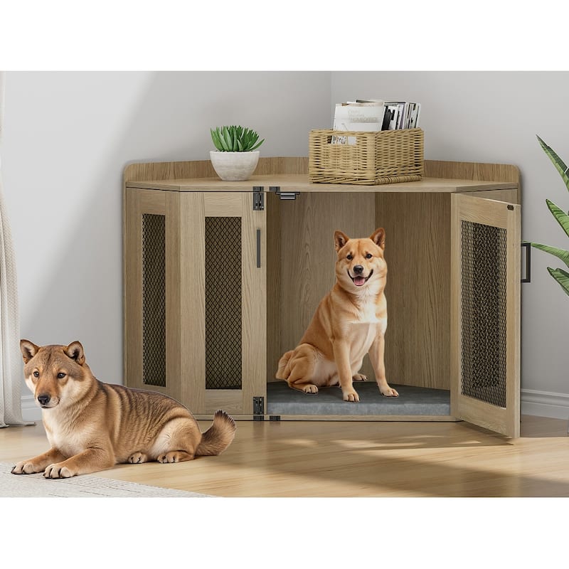 Anmytek Corner Dog Crate Furniture Wooden Dog Kennel End Table Indoor Pet Crate for Small Medium Dogs