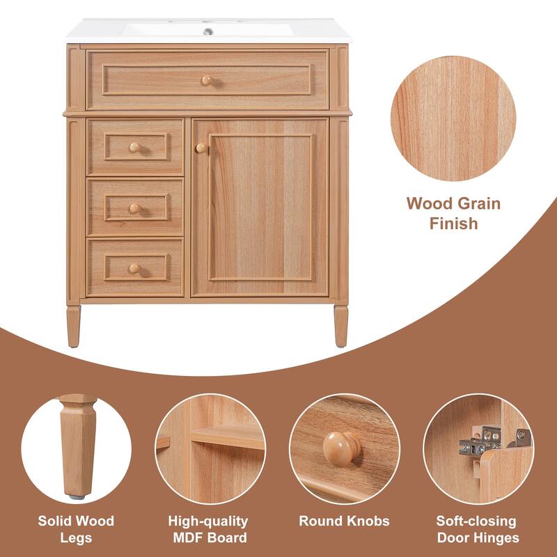 30 Inch Bathroom Vanity with Sink, Solid Wood Cabinet with Flip-Out Drawer and Soft-Close Doors