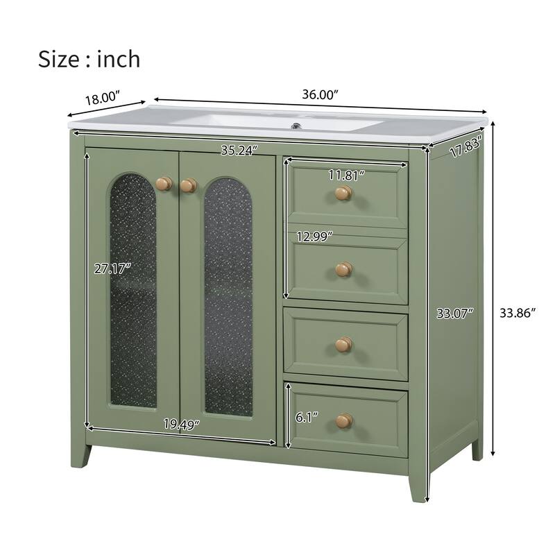 Modern 36" Bathroom Vanity with Patterned Glass Doors, Gold Handles, and Ample Storage