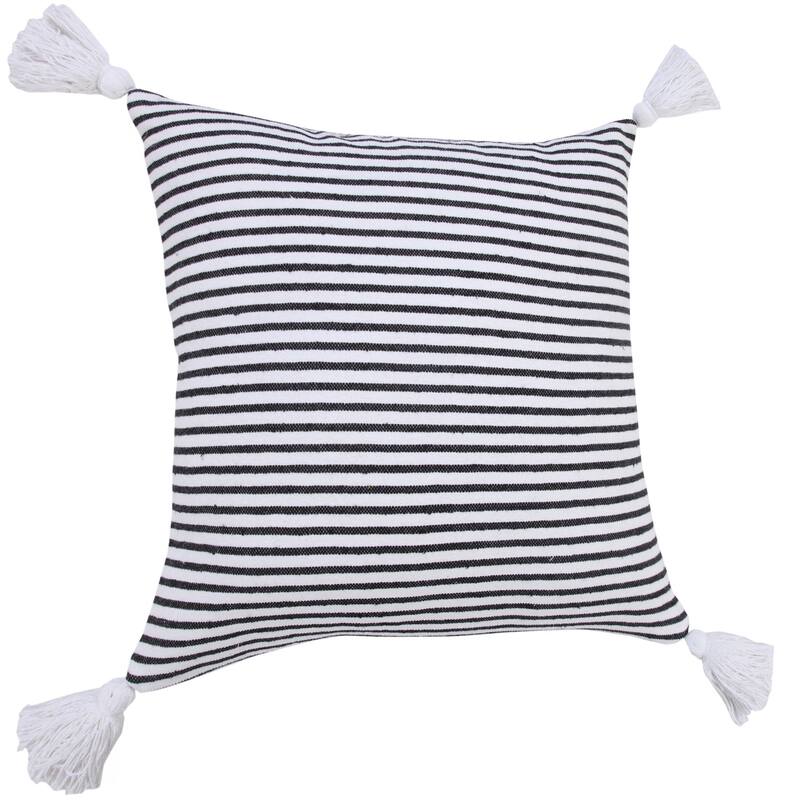 20" White and Black Striped Tassels Square Throw Pillow