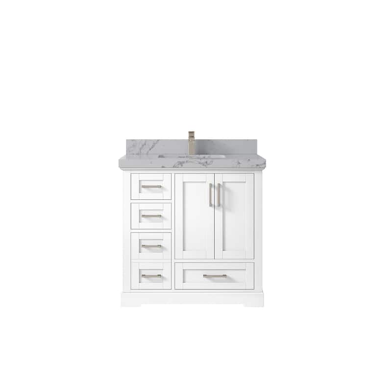 Willow Collections 36 x 22 Boston Center Sink Right Bathroom Vanity with Countertop - 2"Venatino Quartz - White