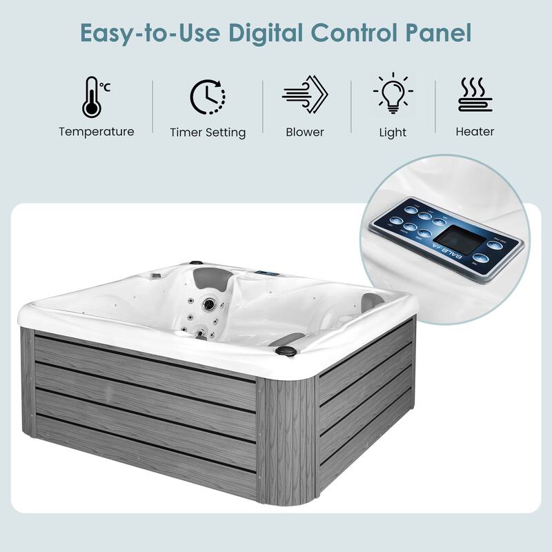 EROMMY 4 Person Outdoor Acrylic Hot Tub Spa with 30 Jets, Ozonator, Insulated Cover, LED Lights & Bluetooth Speaker - 4-Person