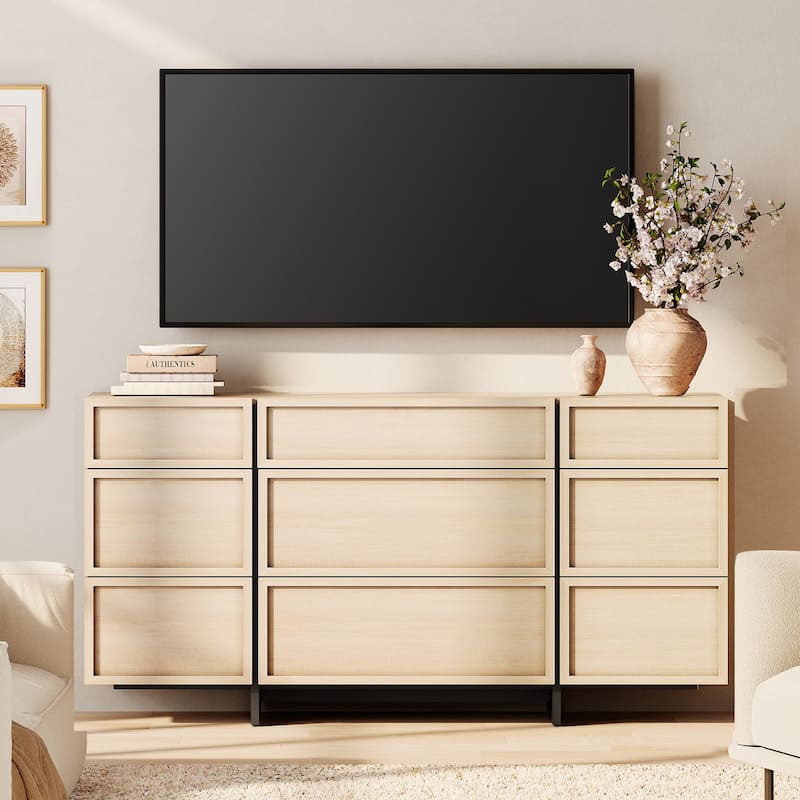 WAMPAT Modern TV Stand, Entertainment Center With 9 Drawers & T-Shaped Wood Legs - 1 Piece - Light Oak