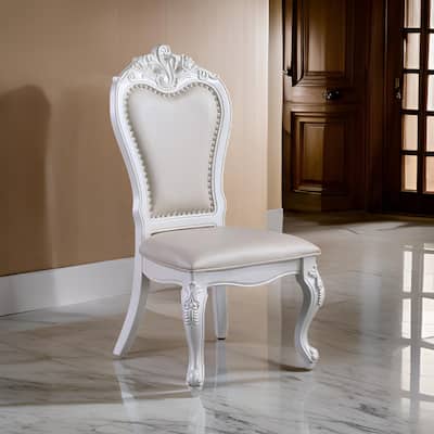 Zenie Dining Side Chair Set of 2, Carved Cabriole, Faux Leather, White Wood