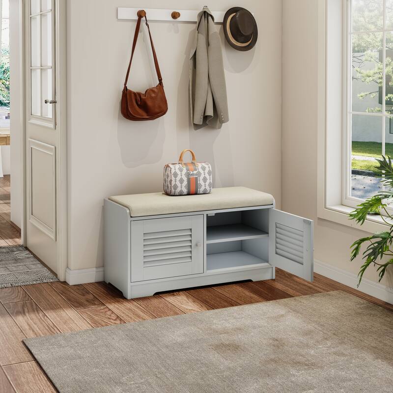 28.74" Shoe Storage Bench with 2 Door Cabinet, Grey Entryway Bench Indoor Bench with Padded Seat and Adjustable Shelves