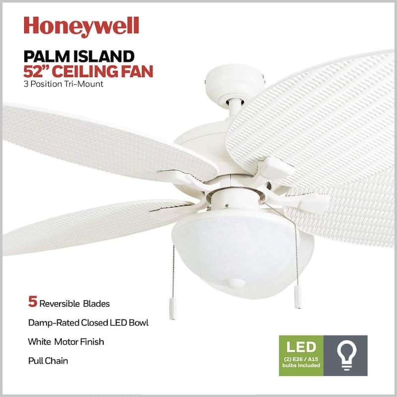 52" Honeywell Inland Breeze White Indoor/Outdoor Ceiling Fan with Light, Pull Chain, Weather Resistant Blades