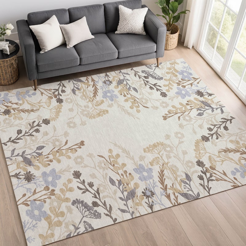 Machine Washable Indoor/ Outdoor Floral Border Chantille Rug