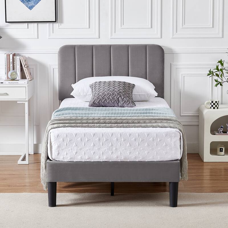 Kids Bed Frame, Height Adjustable Upholstered Bed, Twin Size Bed Set of 2