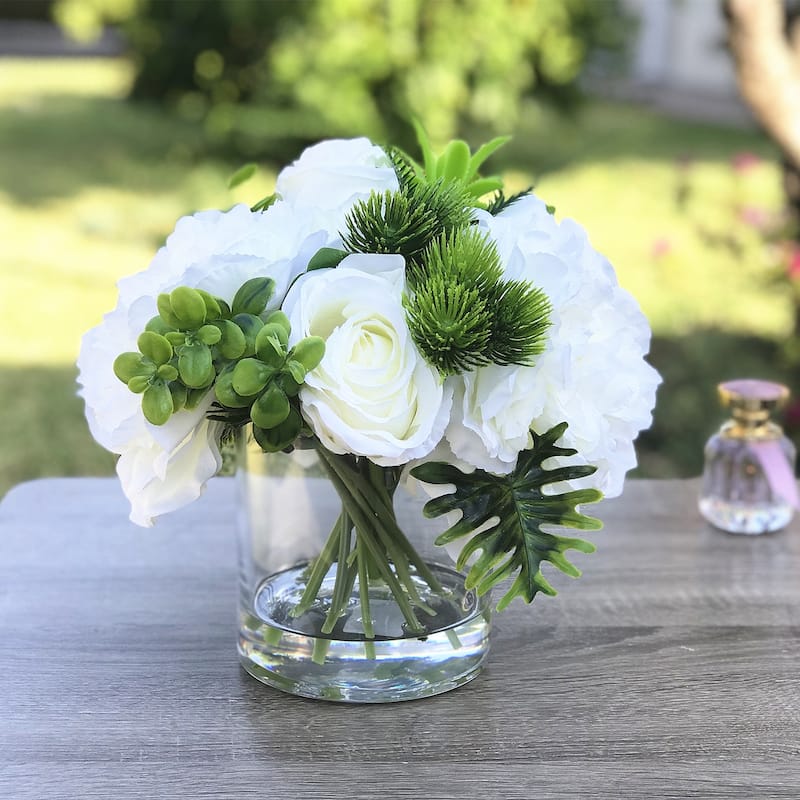 Enova Home Artificial Silk Peony and Roses Fake Flowers Arrangement in Clear Glass Vase for Home Office Wedding Decoration