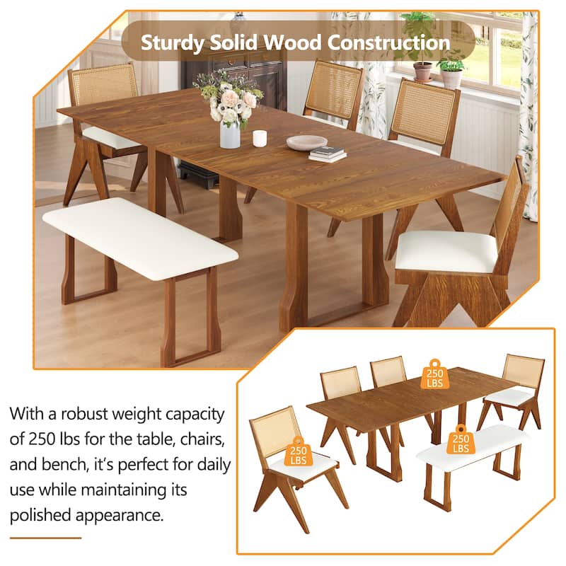 6 People Extendable Dining Table Set, Wood 6 Piece Dining Table and Chair Set with 4 Wicker Back Upholstered Chairs and Bench