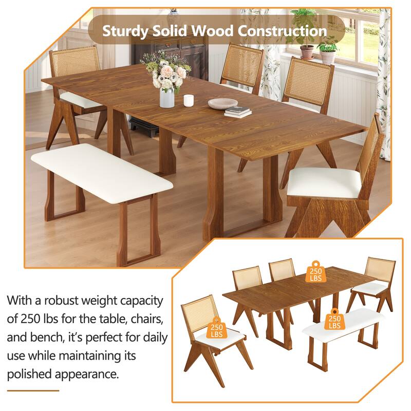6-Piece Modern Extendable Dining Table Set Wooden Dining Table and Chair Set with 4 Wicker Back Chairs and Long Bench