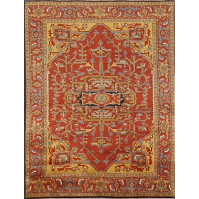 Hand Knotted Oriental 100% Wool Carpet Traditional Medallion Oranges & Rust Heriz (serapi) Area Rug - 9' 9'' X 7' 9''