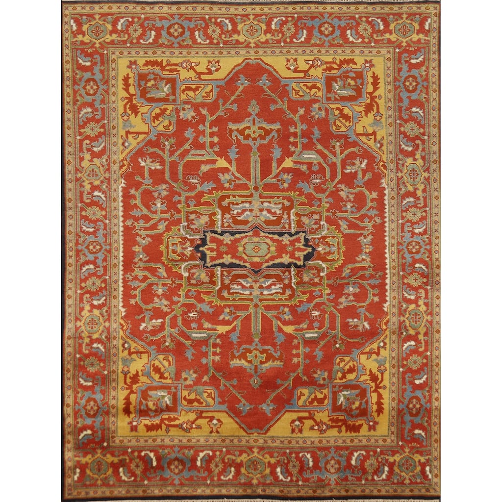 Hand Knotted Oriental 100% Wool Carpet Traditional Medallion Oranges & Rust Heriz (serapi) Area Rug - 9' 9'' X 7' 9''
