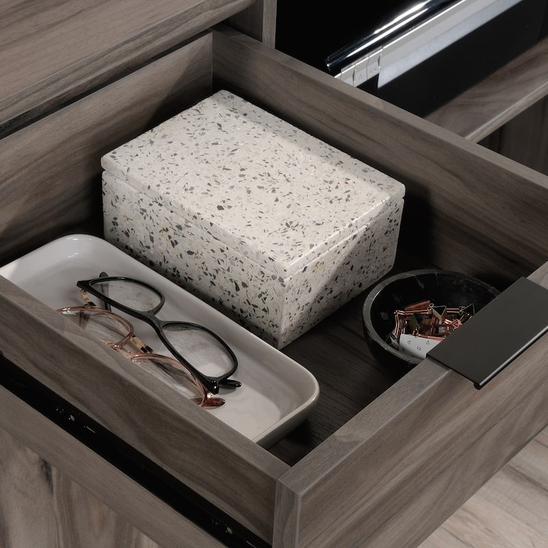 Wood Modern Credenza with 2 Drawers and 2 Open Shelf, Dark Gray - 59.06"W x 18.5"D x 30.39"H