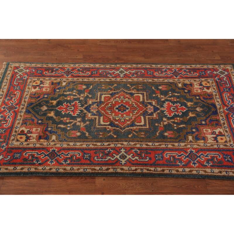 Teal Geometric Heriz Serapi Indian Foyer Rug Handmade Wool Carpet - 2'11"x 5'2"